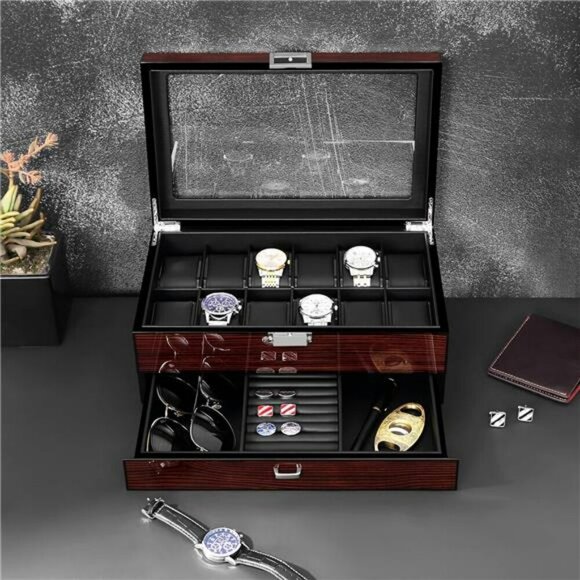 BEWISHOME Watch Box Organizer 12 Slot Glass Top Jewelry Drawer for Men - Picture 2 of 8